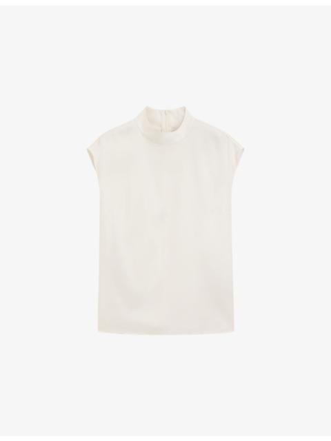 Mock-Neck Sleeveless Stretch-Silk Blouse
