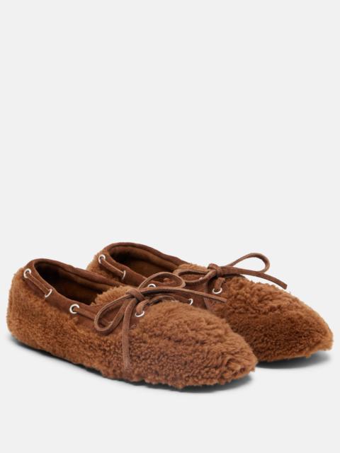 Suede-trimmed shearling boat shoes