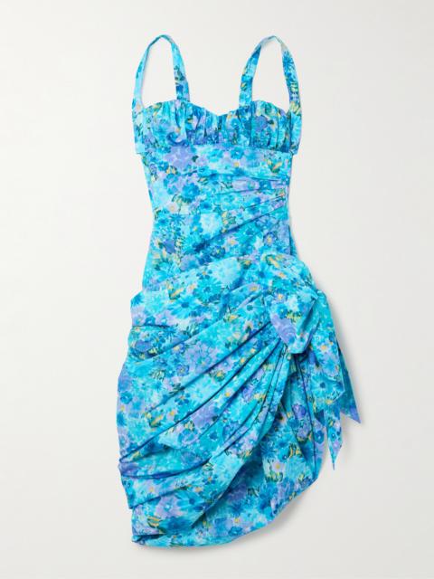 Asymmetric Bow-detailed Draped Gathered Floral-print Cotton Mini Dress