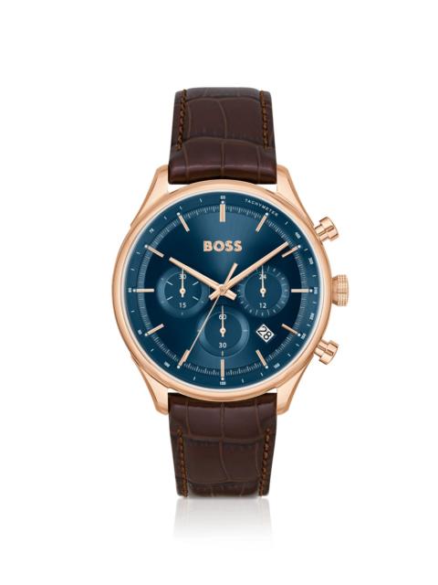 GOLD-TONE CHRONOGRAPH WATCH WITH BROWN LEATHER STRAP