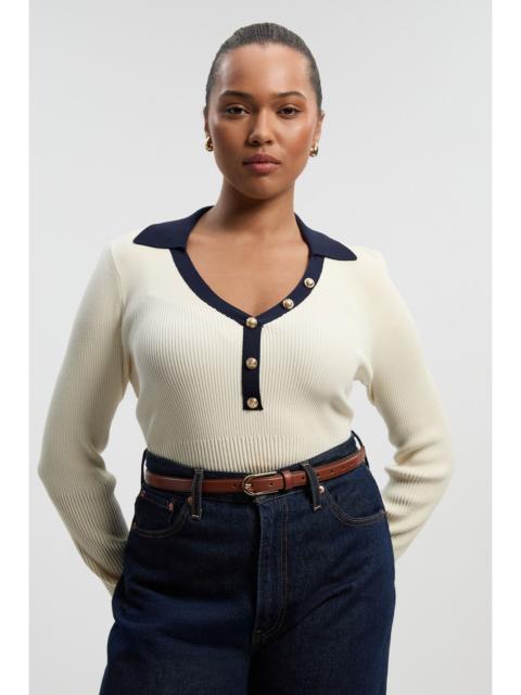 Plus Size Knit Rib With Contrast Hem Detail Collared Top
