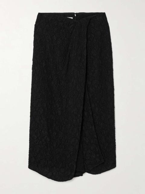 Draped wrap-effect cloqué midi skirt Black