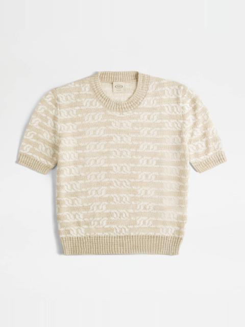 SHORT-SLEEVED LINEN BLEND PULLOVER - BEIGE, WHITE