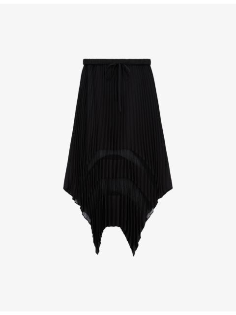 Sheer-panel asymmetric-hem woven midi skirt