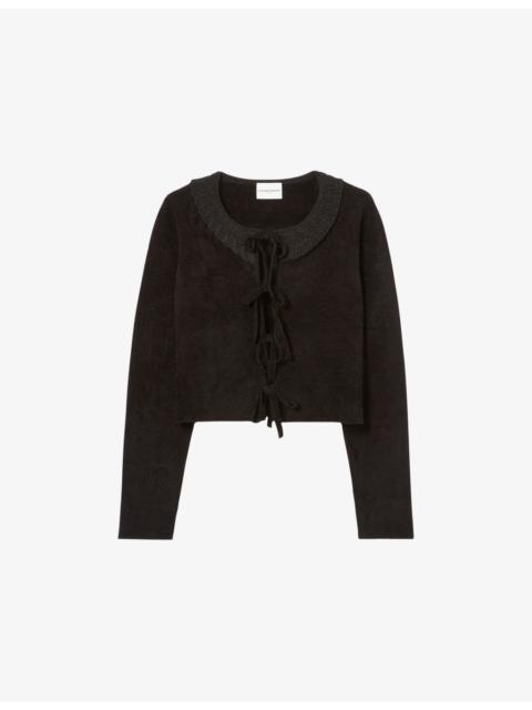Cropped Tie-Front Velour Cardigan