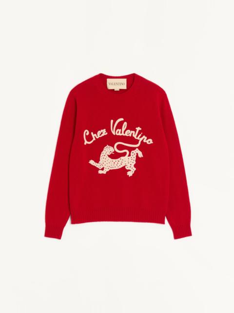 VALENTINO WOOL SWEATER WITH CHEZ VALENTINO & PANTHER EMBROIDERY