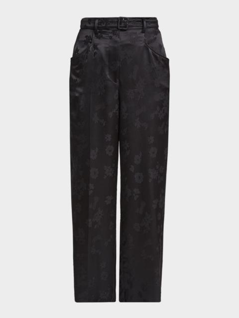 Norman Floral Satin Jacquard Wide-Leg Pants With Belt