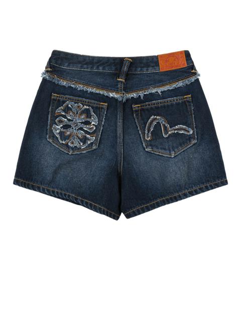 Distressed Kamon and Seagull Appliqué Embroidery Fashion Fit Denim Shorts