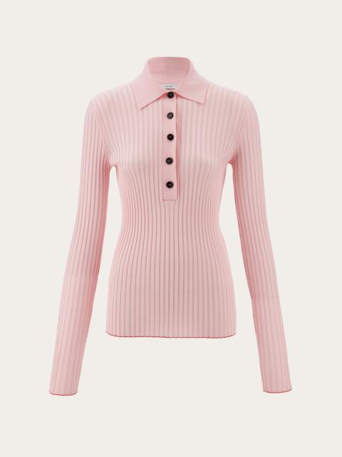 Long sleeved ribbed knit polo top