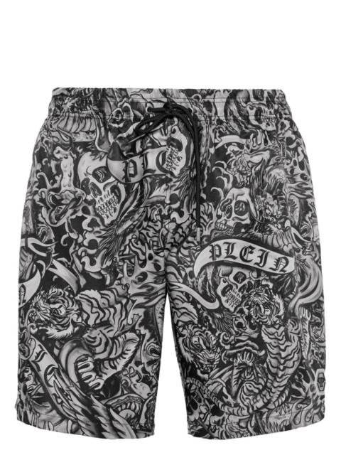 Tattoo-print drawstring swim shorts