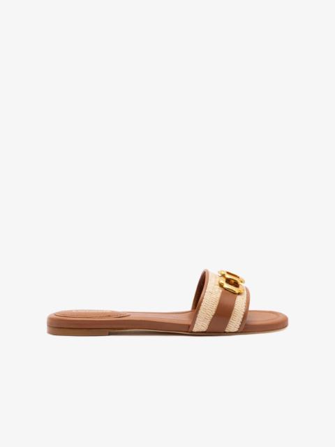 Franca Flat In Natural Raffia And Caramel Leather