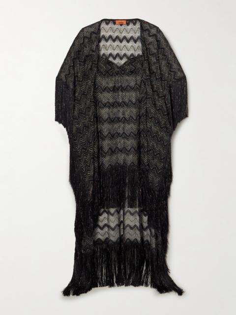 Mare Fringed Striped Metallic Crochet-knit Kaftan