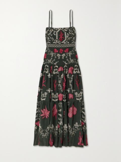 + Net Sustain Lima Encaje Tiered Appliquéd Embroidered Linen Maxi Dress