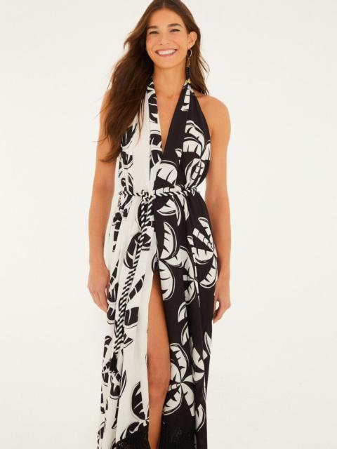Black And White Graphic Palms Belted Maxi Dress