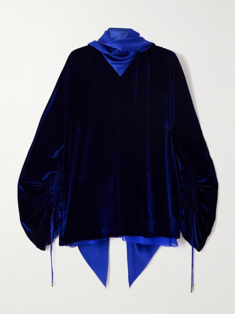Scarf-detailed Velvet And Gathered Chiffon Blouse