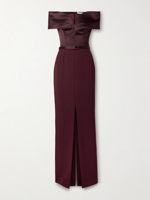 Ebren Off-the-shoulder Belted Duchesse Satin-trimmed Crepe Gown