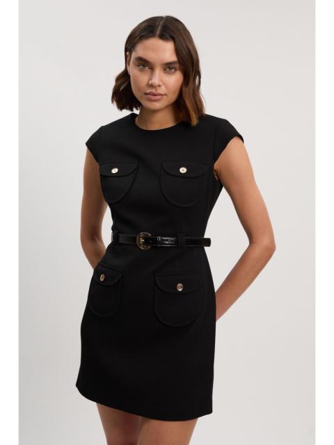 Textured Compact Stretch Tailored Belted Mini Dress