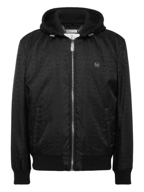 logo-pattern hooded bomber jacket