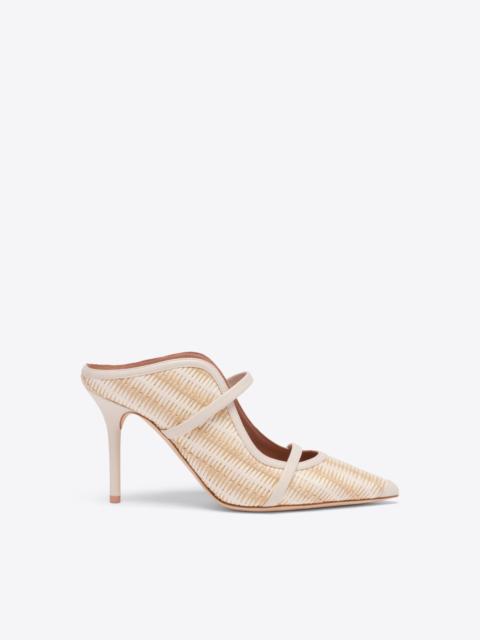 Maureen 85 White Stripe Raffia Heeled Mules