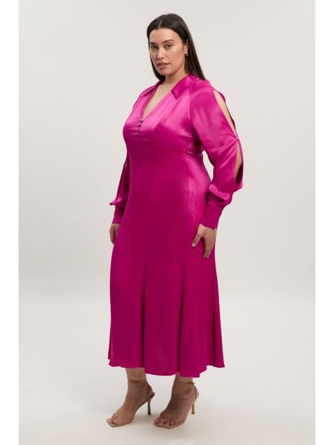 Plus Size Viscose Satin V Neck Long Sleeve Woven Midi Dress