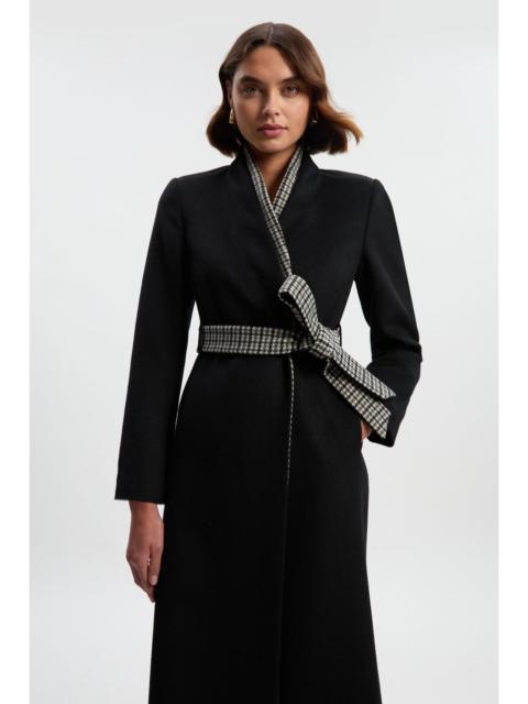 Brushed Wool Houndstooth Mix Belted Wrap Neck Tailored Midi Coat