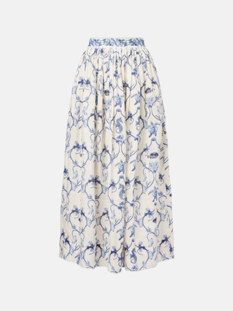 Printed high-rise linen maxi skirt