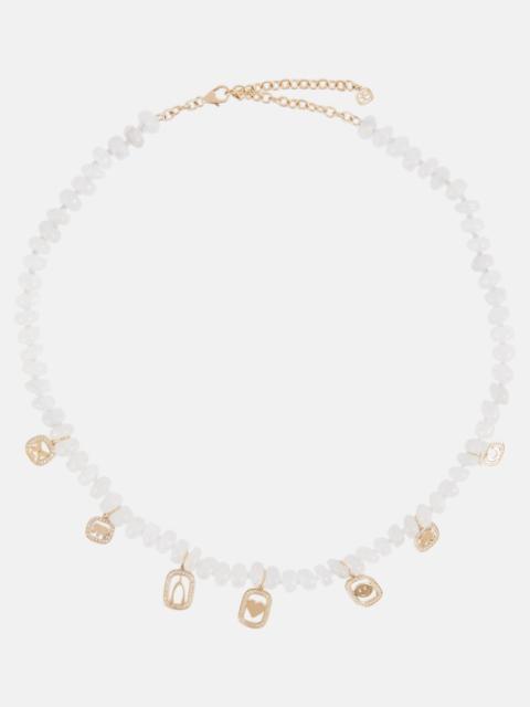 Multi-charm 14kt gold necklace with moonstone and diamonds