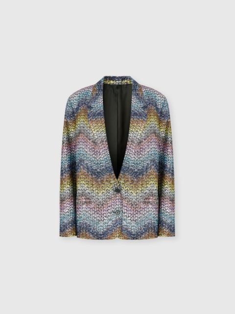Oversized single-breasted blazer in a Greek-style zigzag knit with sequins