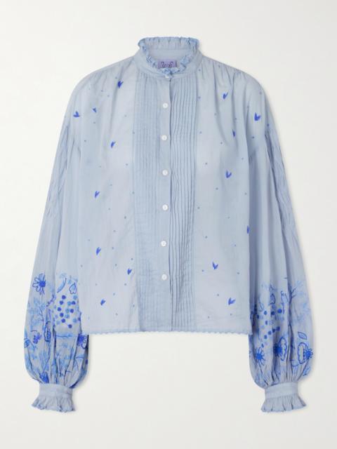 Slava Ruched Pleated Embroidered Cotton-voile Shirt