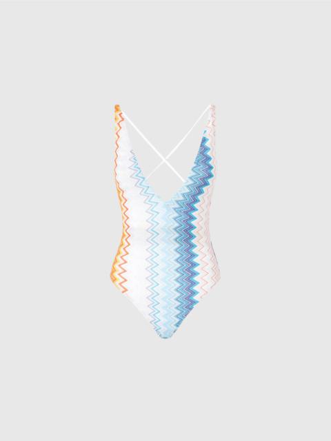 V-neck viscose blend zigzag lamé one-piece swimsuit