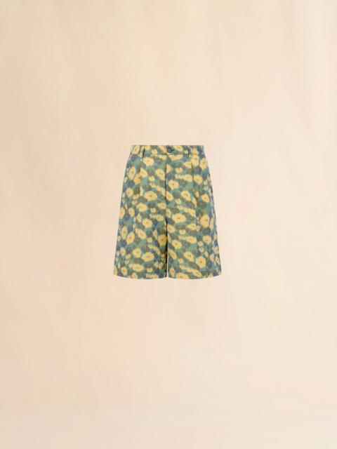 GREEN LINEN BLEND SHORTS WITH BLURRY FLORAL PRINT