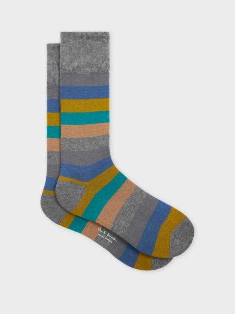 Grey Cotton-Blend Multicolour Stripe Socks