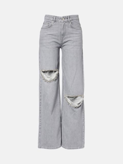 Distressed embellished wide-leg jeans