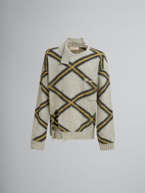 GREY BROKEN WOOL JUMPER WITH ARGYLE MOTIF