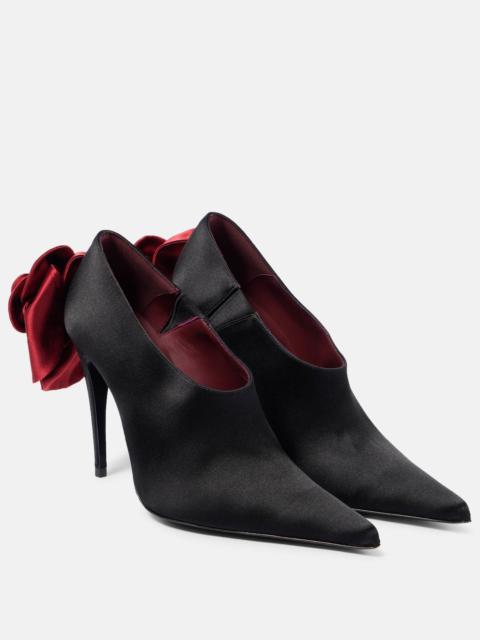 Floral-appliqué satin pumps