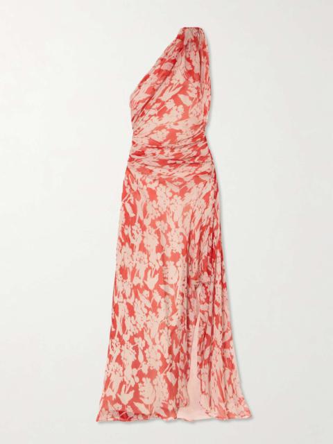 One-shoulder draped floral-print silk-georgette maxi dress Red