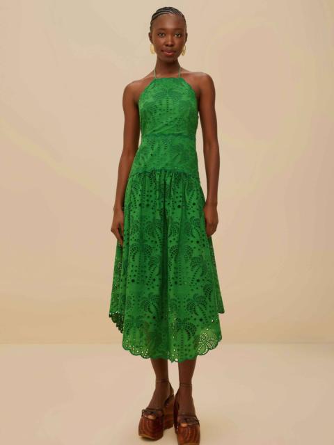 Green Palm Tree Eyelet Halter Neck Midi Dress