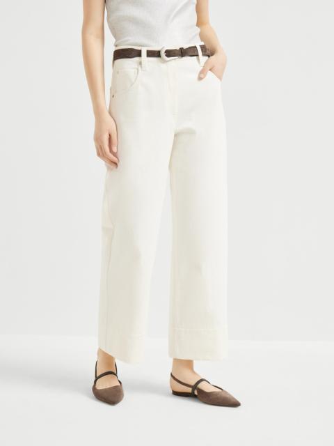 Dyed cotton and wool wrinkled denim square chino trousers with monili