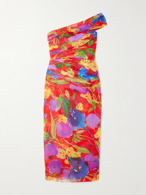 One-shoulder Gathered Floral-print Silk-chiffon Midi Dress