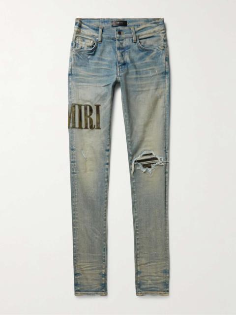 Skinny-Fit Leather-Trimmed Distressed Jeans