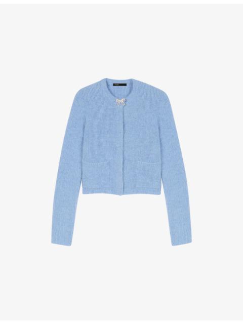 Bow-Embellished Ribbed Knitted Cardigan