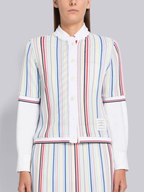 Stripe Viscose Mesh Tipping Short Sleeve Cardigan