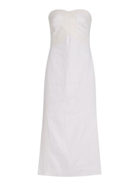 Exclusive Arco Embroidered Linen Midi Dress ivory