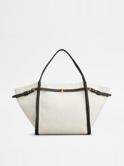 SHOPPING BAG IN CANVAS AND LEATHER MEDIUM - WHITE, BROWN