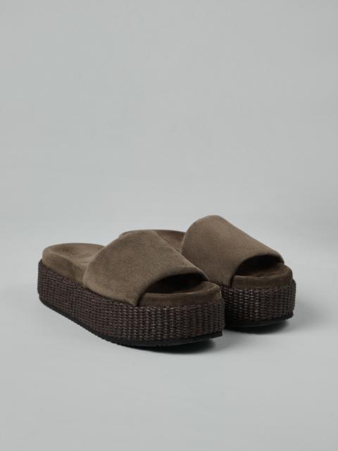 Suede and raffia platform slides