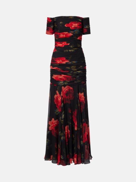 Floral ruched off-shoulder silk chiffon gown