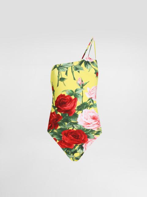 One-shoulder one-piece swimsuit with floral bouquet print
