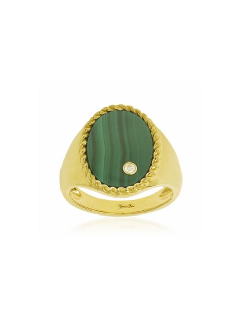 9K Yellow Gold Malachite, Diamond Signet Ring green