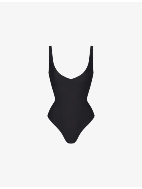 Plunge-Neck Thong Stretch-Woven Bodysuit