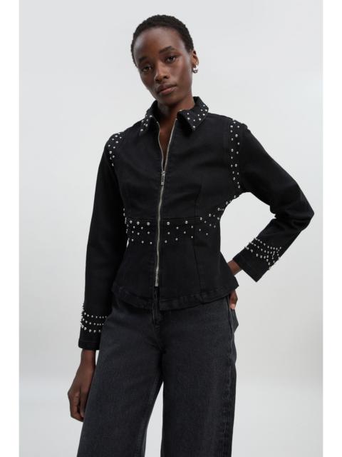 Denim Placed Stud Zip Through Collared Jacket